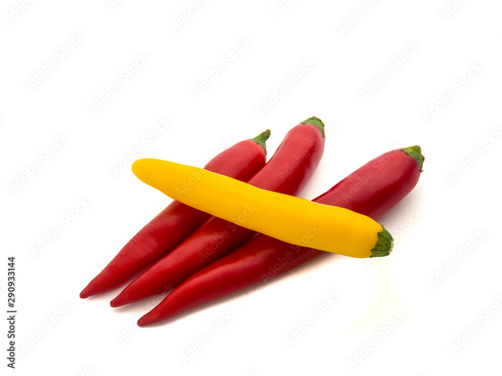 close-up of four fresh and healthy chili peppers isolated on white background. Selective focus. close-up of four fresh and healthy chili peppers isolated on white background. Selective focus.