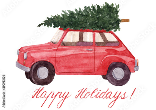 Christmas illustration with watercolor hand painted red car with Christmas tree and letterind or space for text isolated on white background. 
