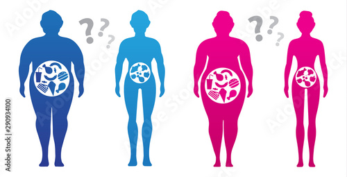 Weight loss concept. The influence of diet on the weight of the person. Man and woman before and after diet and fitness. 