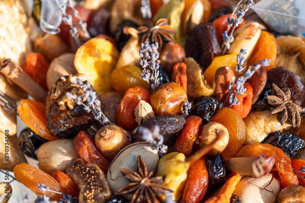 Bouquet of dried fruits. Close-up. Top view. Bouquet of dried fruits. Close-up. Top view.