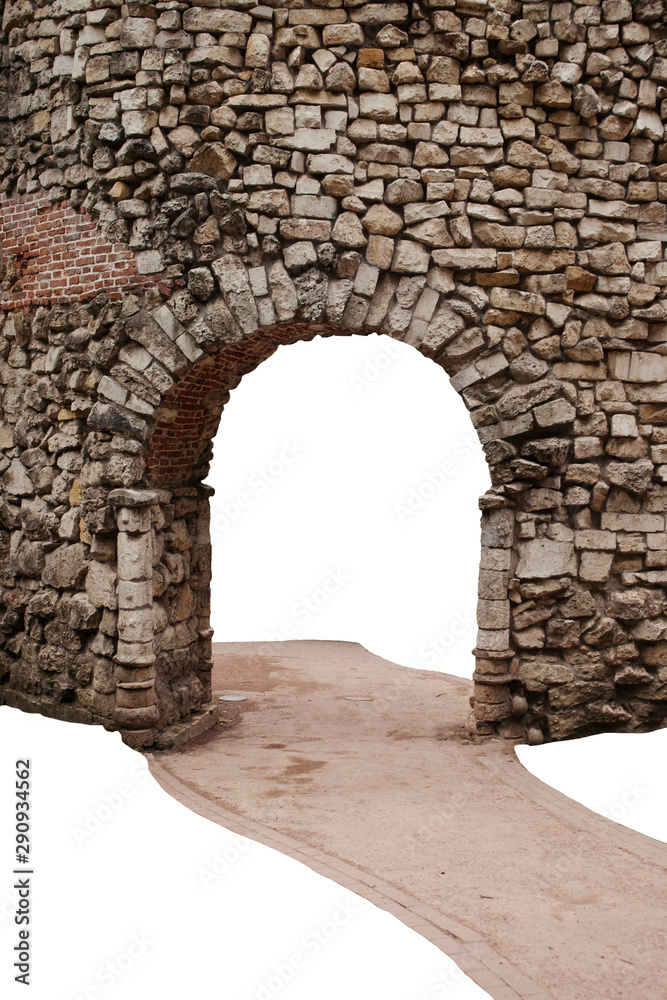 Brick and stone arch and fence and sand path. Isolated on a white background.