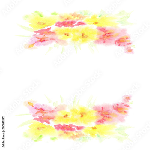 Watercolor yellow and pink flower border for child new born or  new kid greeting card decoration by hand painting with center copyspace
