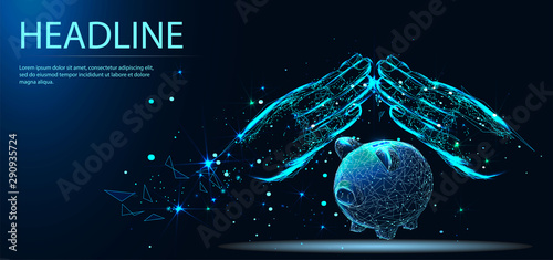 Human hands protect piggy bank. Insurance concept. Vector illustration. Headline. Low poly wireframe style. Vector