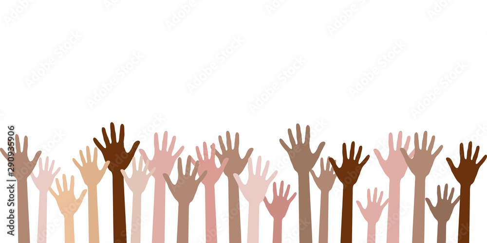 Raised up hands of different skin color vector illustration. Teamwork ...