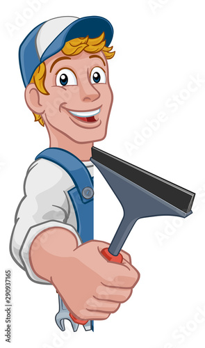 Window cleaning cartoon cleaner mascot man holding a carwash squeegee tool. Peeking over a sign