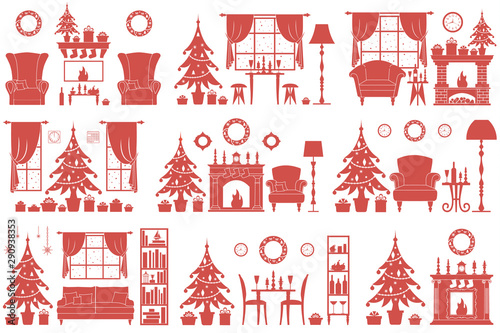 Set of silhouettes of christmas interiors. Collection of vector rooms decorated for Christmas. Houses with flat furniture, fireplaces, gifts and festive decor.