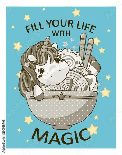 Vector kawaii illustration in vintage, retro blue and gold colors. For posters, prints in Asian food, ramen or noodles cafe or restaurant. Chibi unicorn with plate of ramen and typography inscription