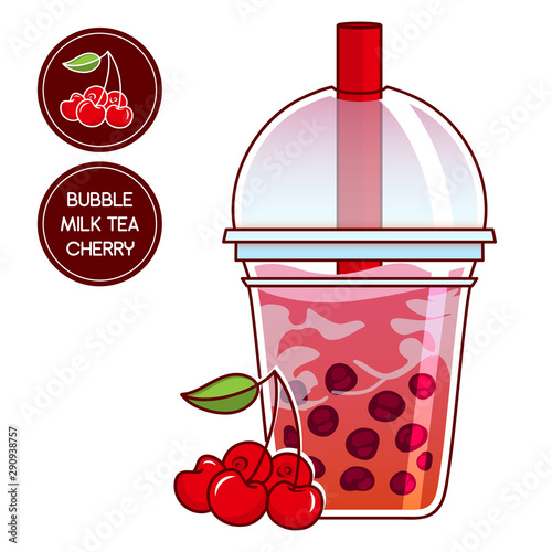 Vector elements for food and drinks design. Plastic cup with China boba tea, tapioca bubbles in milk tea. Cherry variety, sort of tea. Realistic flat style. Also sticker and label for package with che