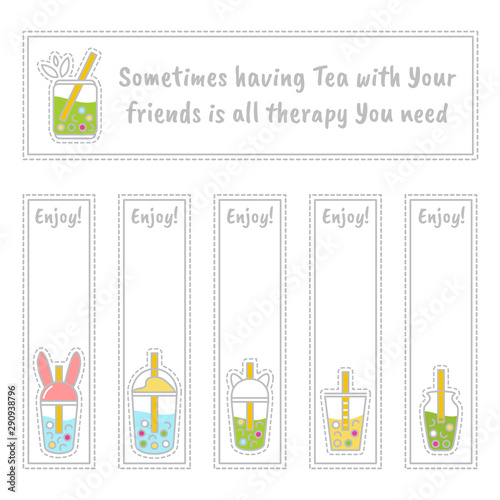 Set of vector tea labels, bookmarks or stickers with cute little plastic cups of tea, boba-tea with bubbles, coffee ans other drinks. Perfect for cafe, restaurant, tea-houses merchandise, tea packages