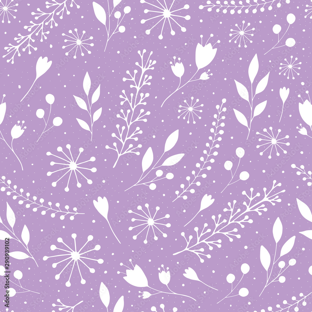  Cute seamless vector pattern with cartoon flowers and sprigs on a neutral light Background. Design for fabric, print, textile, wrapping paper.