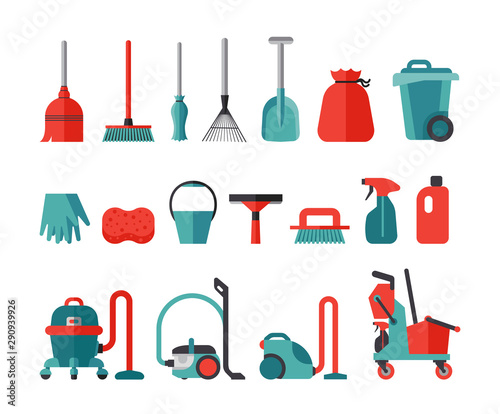 Set of flat icons for cleaning service tools. Collection of icons presenting equipment for cleaning homes and offices. Housework professional assistance.