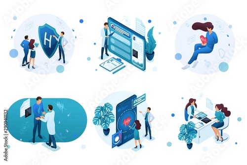 Set of isometric concepts for advertising and creating landing pages on the theme of medicine. Doctor advises the patient, medical worker during the work