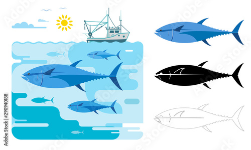 Tuna fish icons. Flat vector illustration of tuna fish. Decorative cute illustration for children. Graphic design elements for print and web.