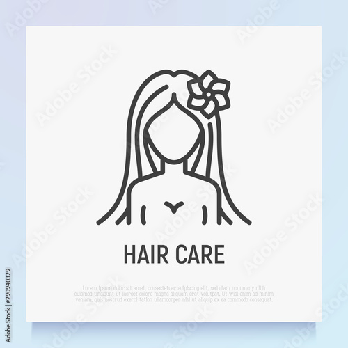 Hair care thin line icon: girl with long hair and flower. Logo for beauty salon. Modern vector illustration.