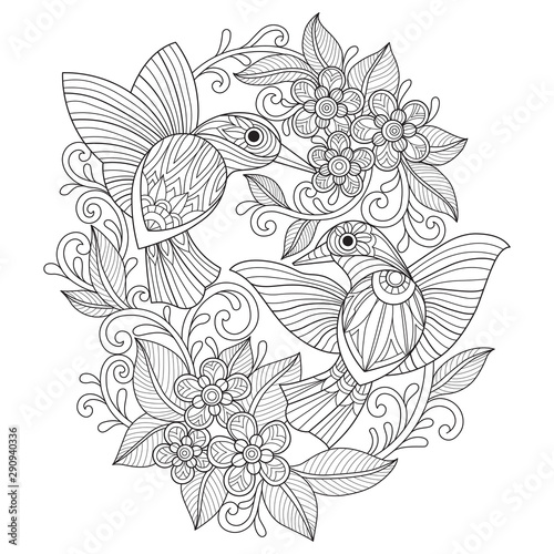 Hand drawn sketch illustration of birds and flowes for adult coloring book.