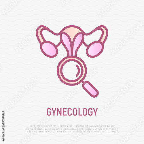 Gynecology symbol. Woman reproductive system: uterus with ovaries and magnifier. Medical examination. Modern vector illustration.