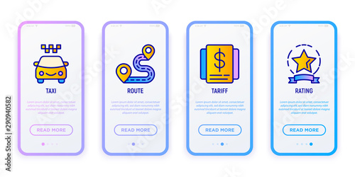 Taxi mobile user interface. Thin line icons: route, tariff, rating. Modern vector illustration.