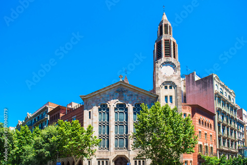 View of the facade of a historic building, Barcelona, Spain.