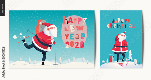 Merry Christmas and Happy New Year greeting cards set - modern flat vector concept illustrations of Santa Claus and Winter Holiday decoration and golden elements, snow and stars