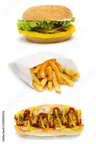 Set of street food images. Collage of their fast food street food on a white background isolated