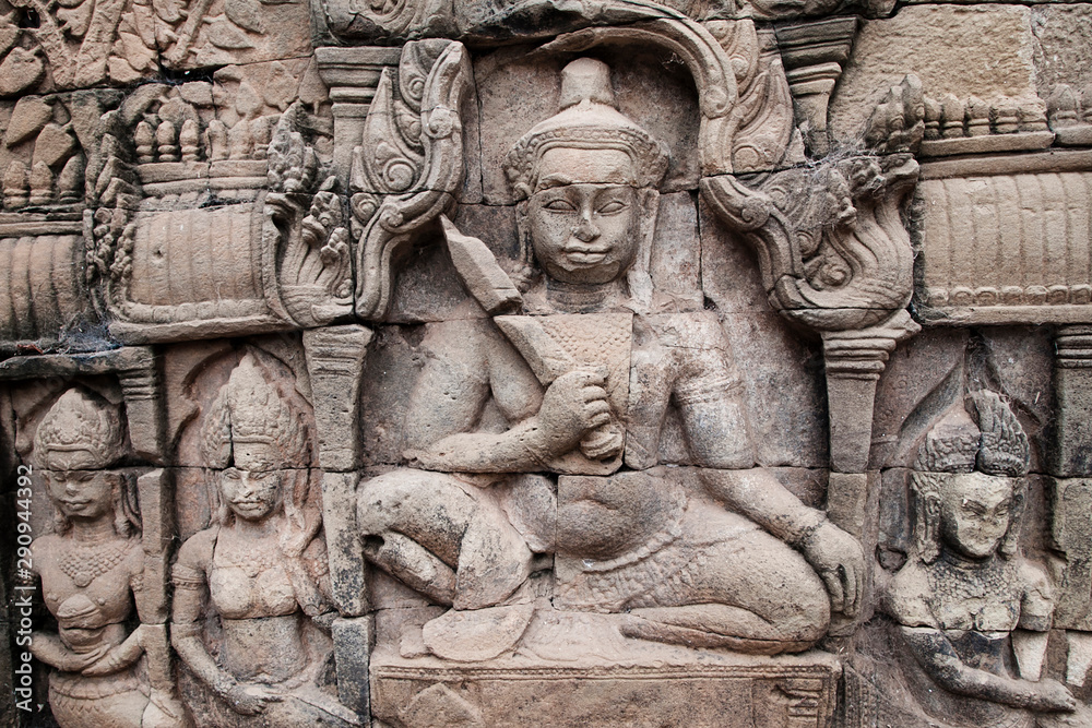 Stone carvings at Bayon Temple, Angkor Thom, Siem Reap, Cambodia