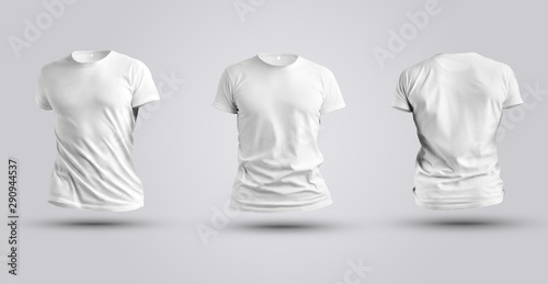 Three mockups of white realistic 3d t-shirt isolated on white background.