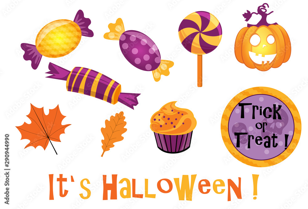Fototapeta premium Halloween set of candies, pumpkin, label
