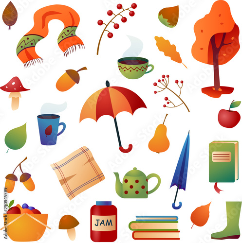 Vector autumn set. Different autumn items isolated on a white background