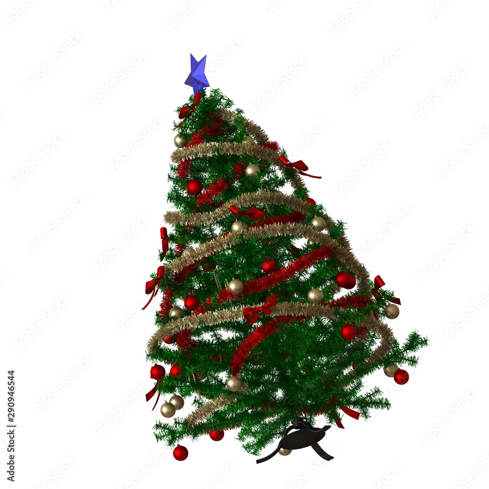 Obraz premium Christmas tree with a blue star on the top, isolate on a white background. 3D rendering of excellent quality in high resolution