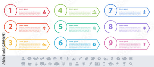 Infographic design business concept vector illustration with 9 steps or options or processes represent work flow or diagram or web button banner