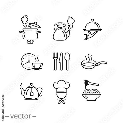 cooking icon set, kitchen tools, cup, cook, pot, kettle and more, thin line web symbols on white background - editable stroke vector illustration eps10