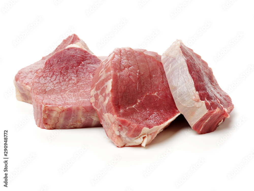 Fresh raw beef isolated on white background. Nobody, beautiful. Fresh raw beef isolated on white background. Nobody, beautiful.