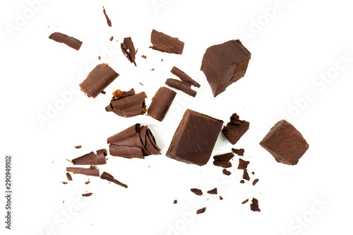 Broken chocolate with small piece isolated on white background.