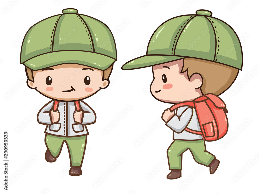 Vector illustration of cute chibi character isolated on white background.  The girl traveler with a backpack in clothes for hiking. Front view, side and back view. 