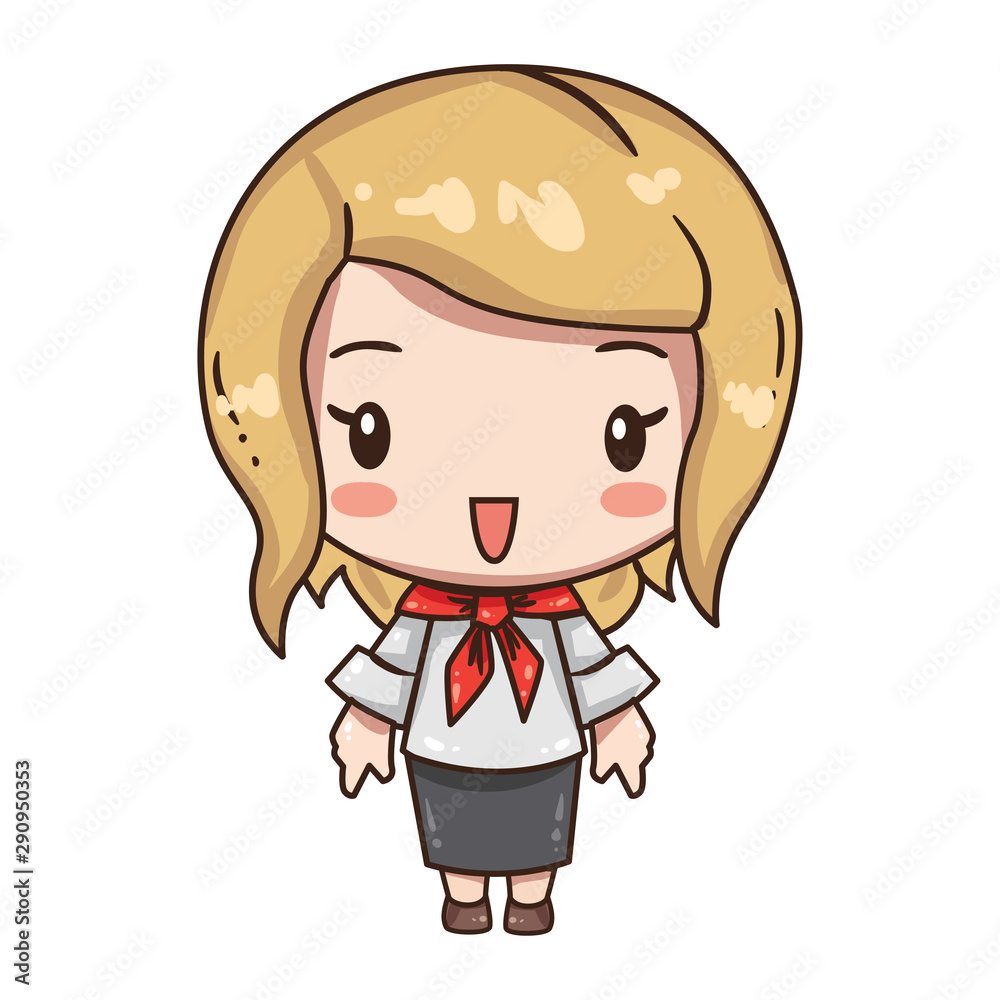 Vector illustration of cute business girl, secretary or teacher in formal clothes. Kawaii chibi character isolated on white background. Cartoon girl in black skirt, white blouse and red neckscarf. Vector illustration of cute business girl, secretary or teacher in formal clothes. Kawaii chibi character isolated on white background. Cartoon girl in black skirt, white blouse and red neckscarf.