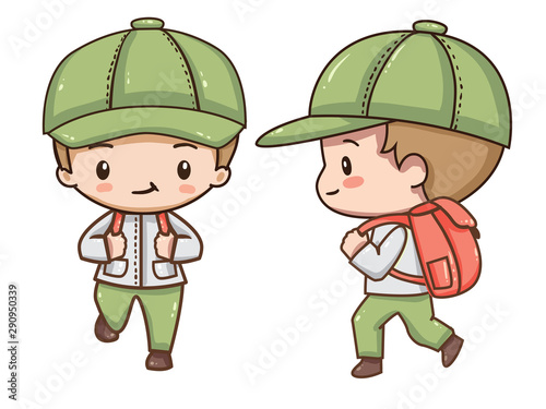 Vector illustration of cute chibi character isolated on white background.  The girl traveler with a backpack in clothes for hiking. Front view, side and back view. 