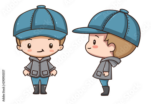 Vector illustration of cute chibi character isolated on white background.  Cartoon little boy in grey coat, blue jeans, boots and cap. Front view and side view.