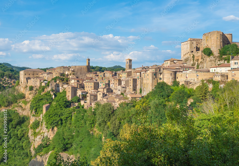 Sorano (Italy) - An ancient medieval hill town hanging from a tuff stone in province of Grosseto, Tuscany region, know as the Little Matera.