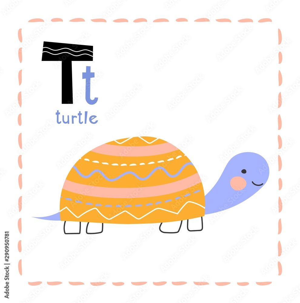 Cartoon Alphabet letter T for Turtle for teaching kids to read and ...