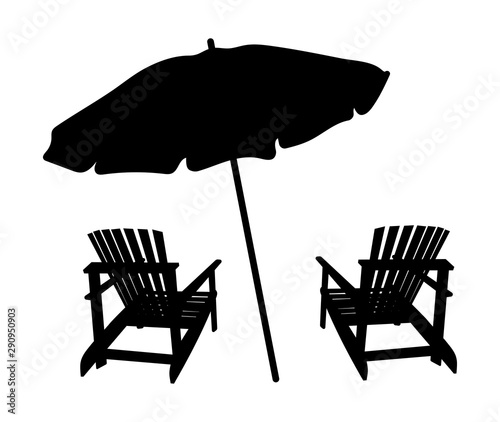 Two lounge chairs under an umbrella on the beach. Black and white illustration of lounges under a canopy. Vacation vector illustration. Silhouette summer vacation. Tattoo.