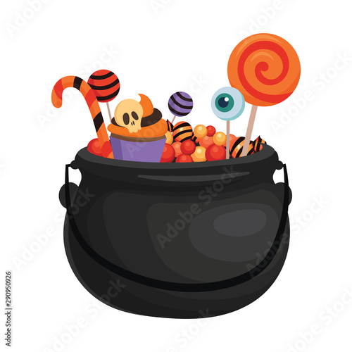 A halloween bucket with bat wings filled with sweets. Cartoon illustration of a basket for Halloween. Vector drawing for children.