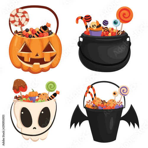 Set Halloween buckets of different shapes full of sweets. Collection of cartoon bags for collecting sweets for Halloween. Vector illustration for children.