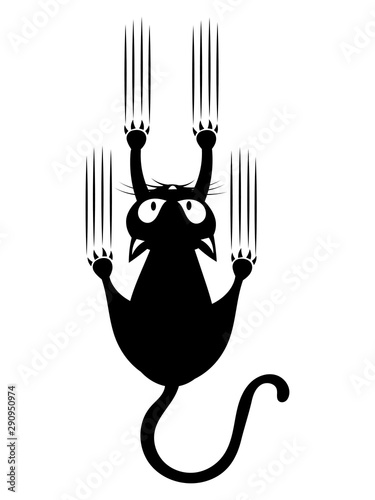 Black cat scratching the wall. Silhouette of cartoon cat climbing the wall. Vector illustration of a pet for kids. Tattoo.