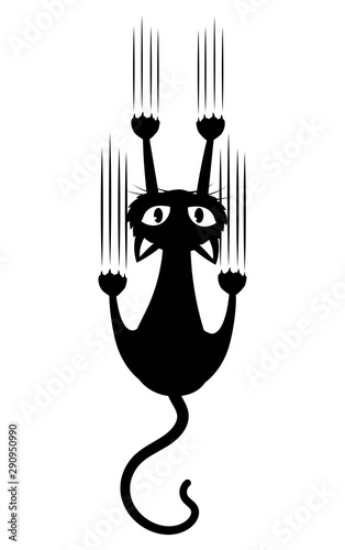 Black cat scratching the wall. Silhouette of cartoon cat climbing the wall. Vector illustration of a pet for kids. Tattoo.