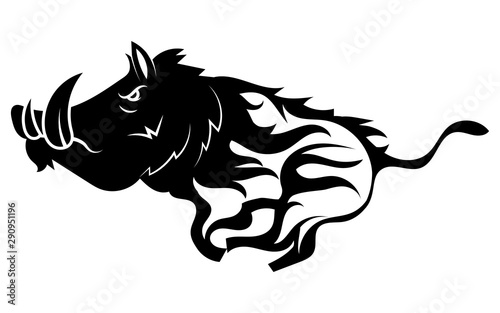 Running wild boar. Black and white vector illustration of a stylized boar. Drawing of a wild animal for hunting. Tattoo.