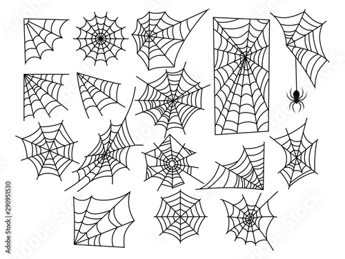 Set of web silhouettes. Spider web collection for halloween. Black and white illustration of elements for decor for the celebration of Halloween.