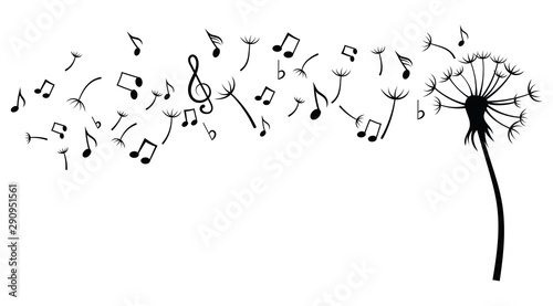 Dandelion with notes. Black and white vector illustration of a dandelion with flying notes. Tattoo.