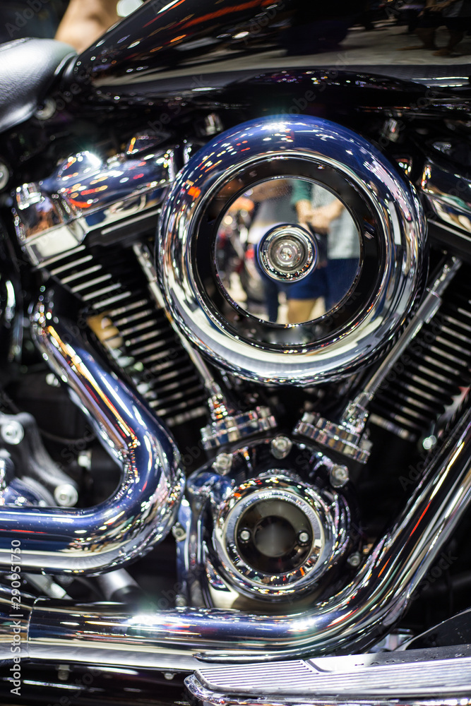 Shiny chrome motorcycle engine with twin piston