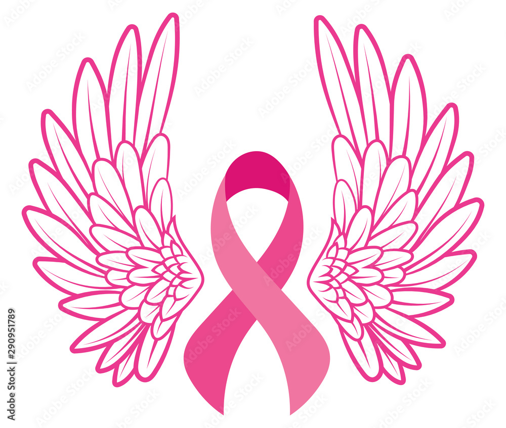 Vecteur Stock Pink Ribbon With Angel Wings Breast Cancer Awareness Ribbon Vector Illustration 