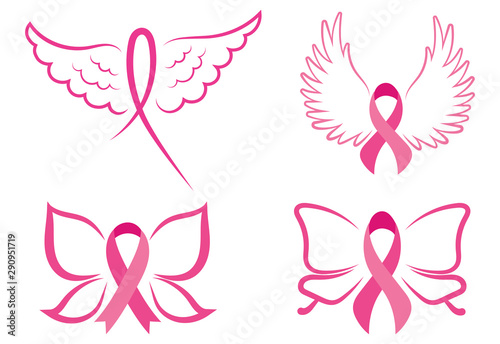 Set of pink ribbons with wings. Breast cancer awareness ribbons collection. Vector illustration for health.